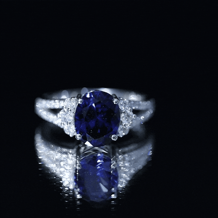 Certified 4 Carat Lab Grown Blue Sapphire Oval Engagement Ring with Diamond Split Shank