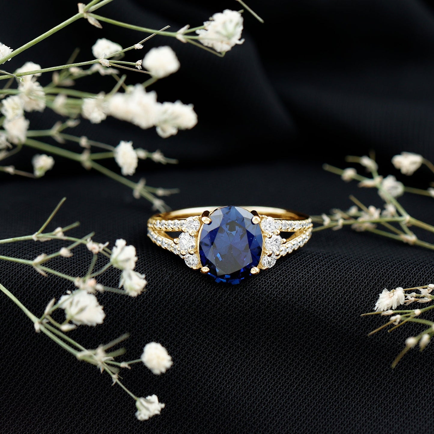 Certified 4 Carat Lab Grown Blue Sapphire Oval Engagement Ring with Diamond Split Shank