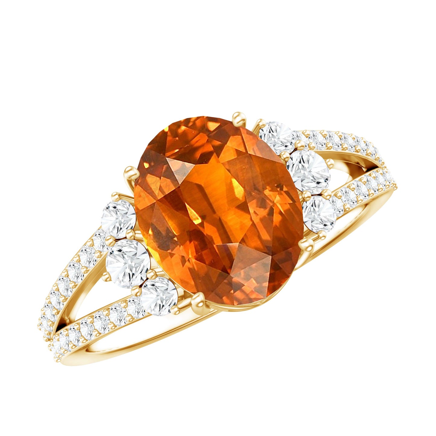 4 Carat Oval Lab Grown Orange Sapphire Engagement Ring with Diamond Split Shank