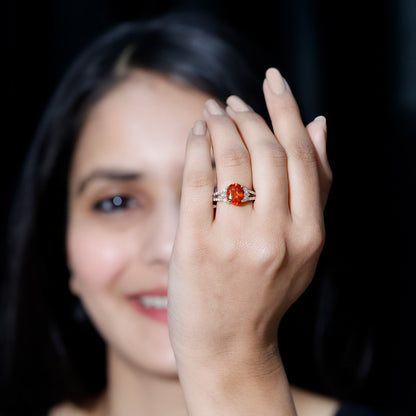 4 Carat Oval Lab Grown Orange Sapphire Engagement Ring with Diamond Split Shank