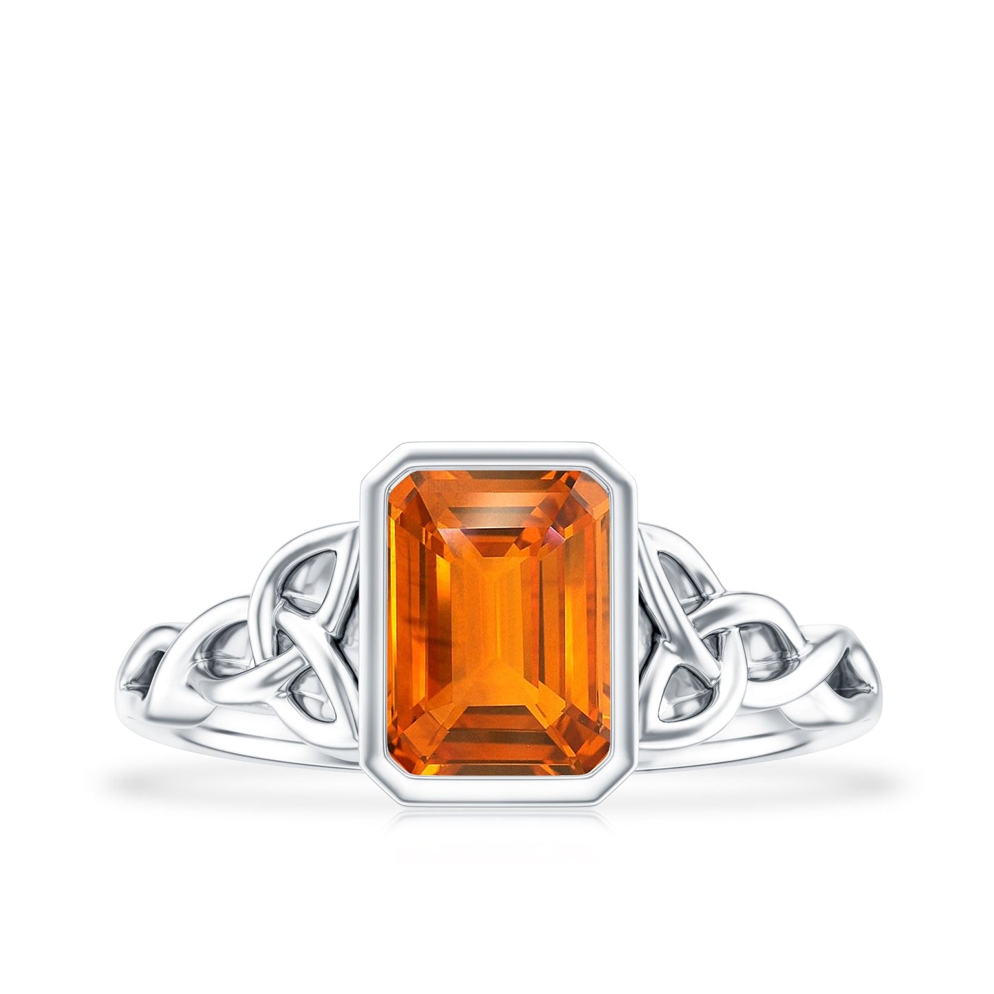 1.75 Carat Emerald Cut Lab Grown Orange Sapphire Diamond Bezel Set Engagement Ring