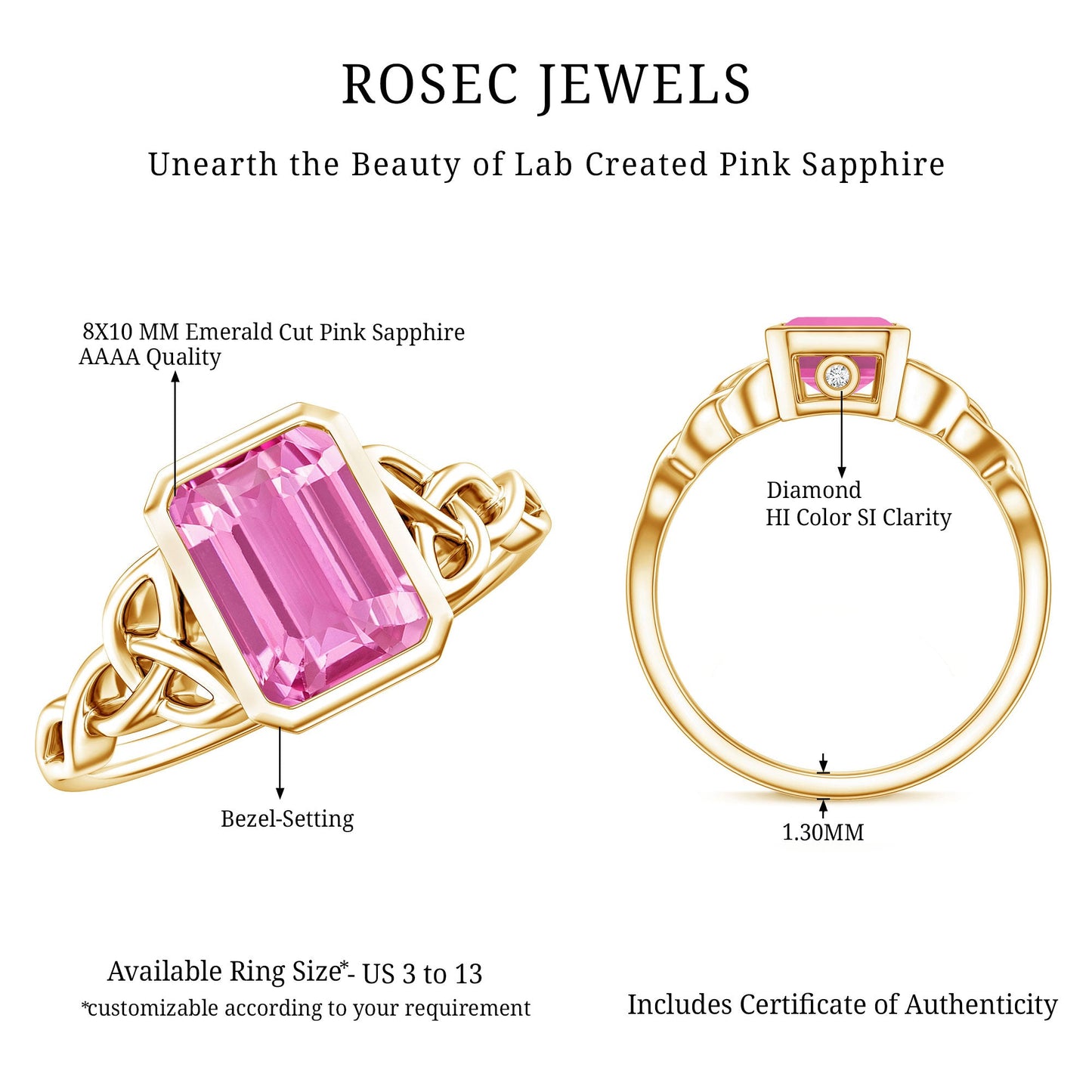 2.7 carat Emerald Cut Lab Created Pink Sapphire Celtic Engagement Ring