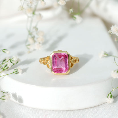 2.7 carat Emerald Cut Lab Created Pink Sapphire Celtic Engagement Ring