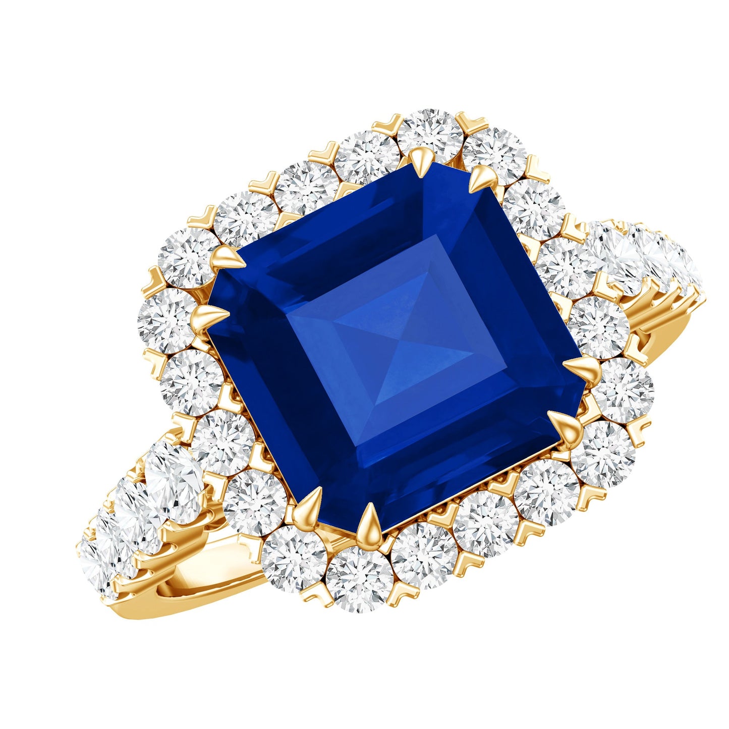 Certified 6.75 Carat Asscher Cut Lab Grown Blue Sapphire Engagement Ring with Diamond Halo