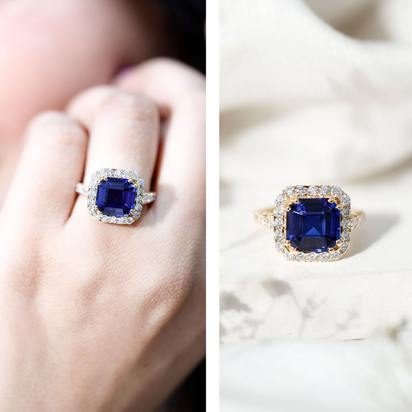 Certified 6.75 Carat Asscher Cut Lab Grown Blue Sapphire Engagement Ring with Diamond Halo