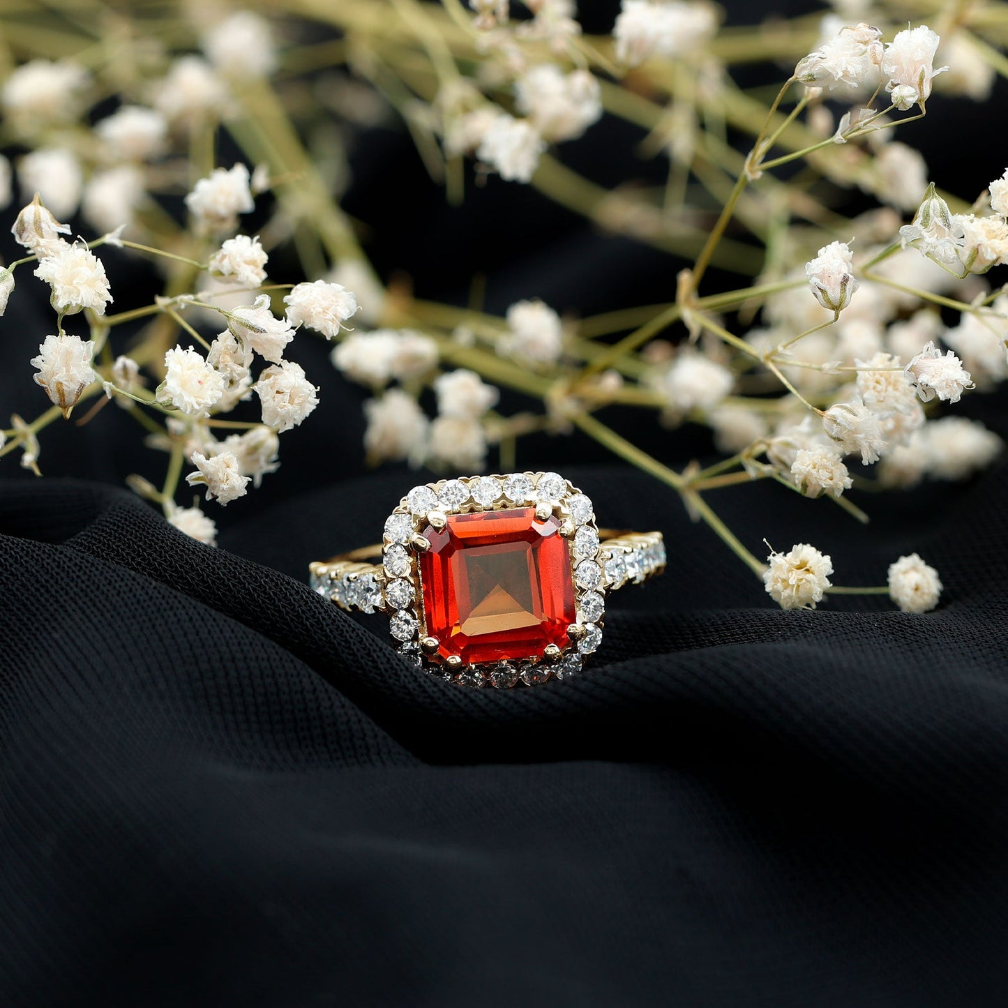 6.75 Carat Asscher Cut Lab Grown Orange Sapphire Engagement Ring with Halo