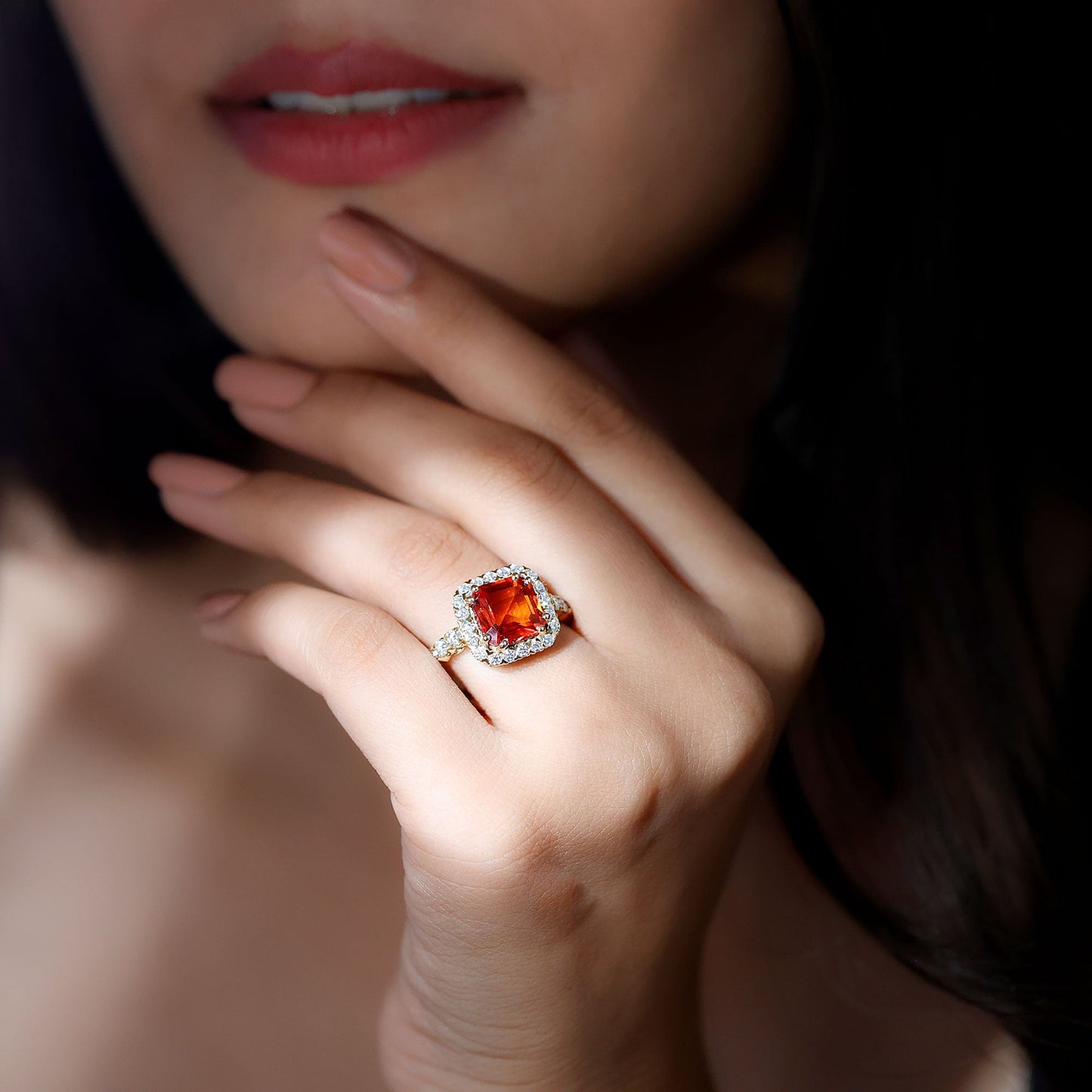 6.75 Carat Asscher Cut Lab Grown Orange Sapphire Engagement Ring with Halo