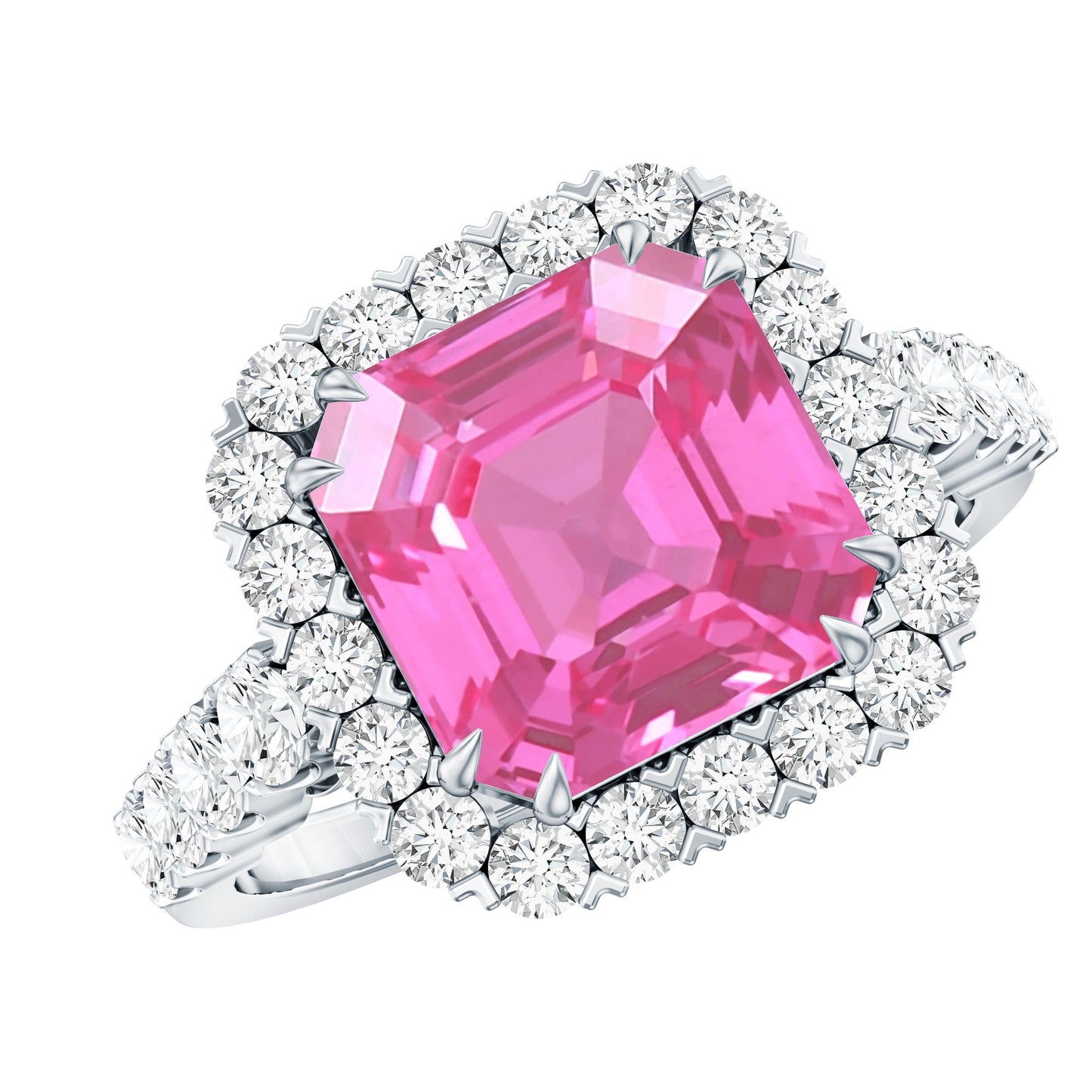 Certified 6.75 Carat Lab Grown Pink Sapphire Asscher Cut Engagement Ring with Halo