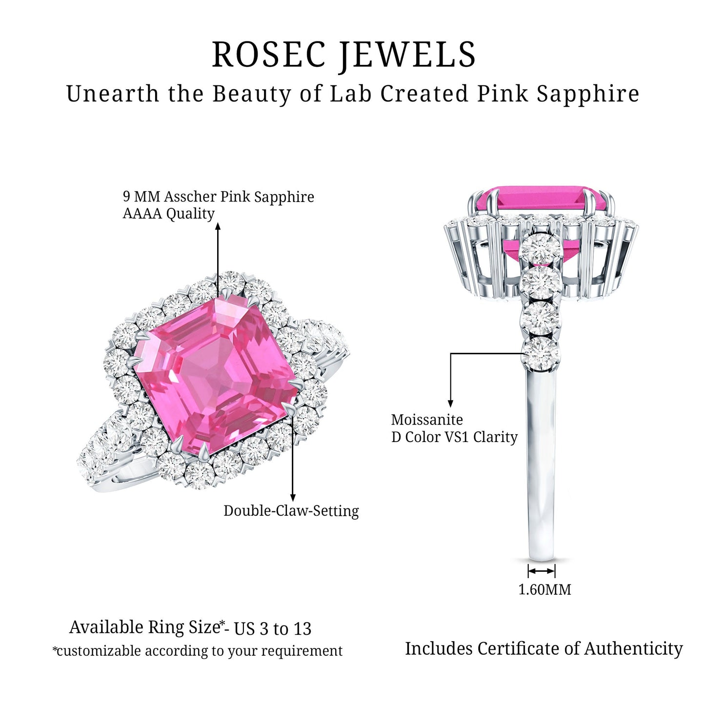 Certified 6.75 Carat Lab Grown Pink Sapphire Asscher Cut Engagement Ring with Halo