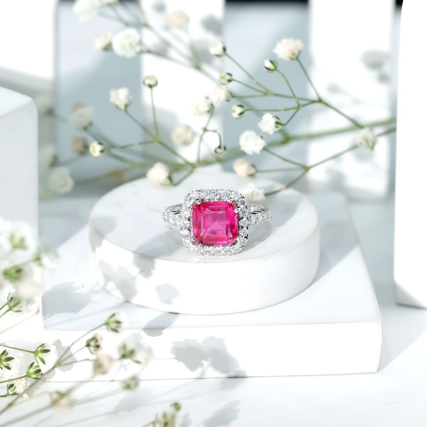 6.75 Carat Lab Grown Pink Sapphire Asscher Cut Engagement Ring with Moissanite Halo
