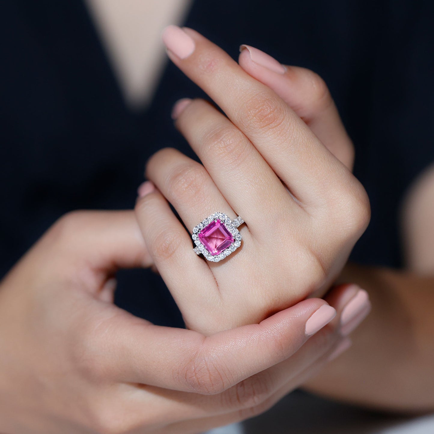 6.75 Carat Lab Grown Pink Sapphire Asscher Cut Engagement Ring with Moissanite Halo