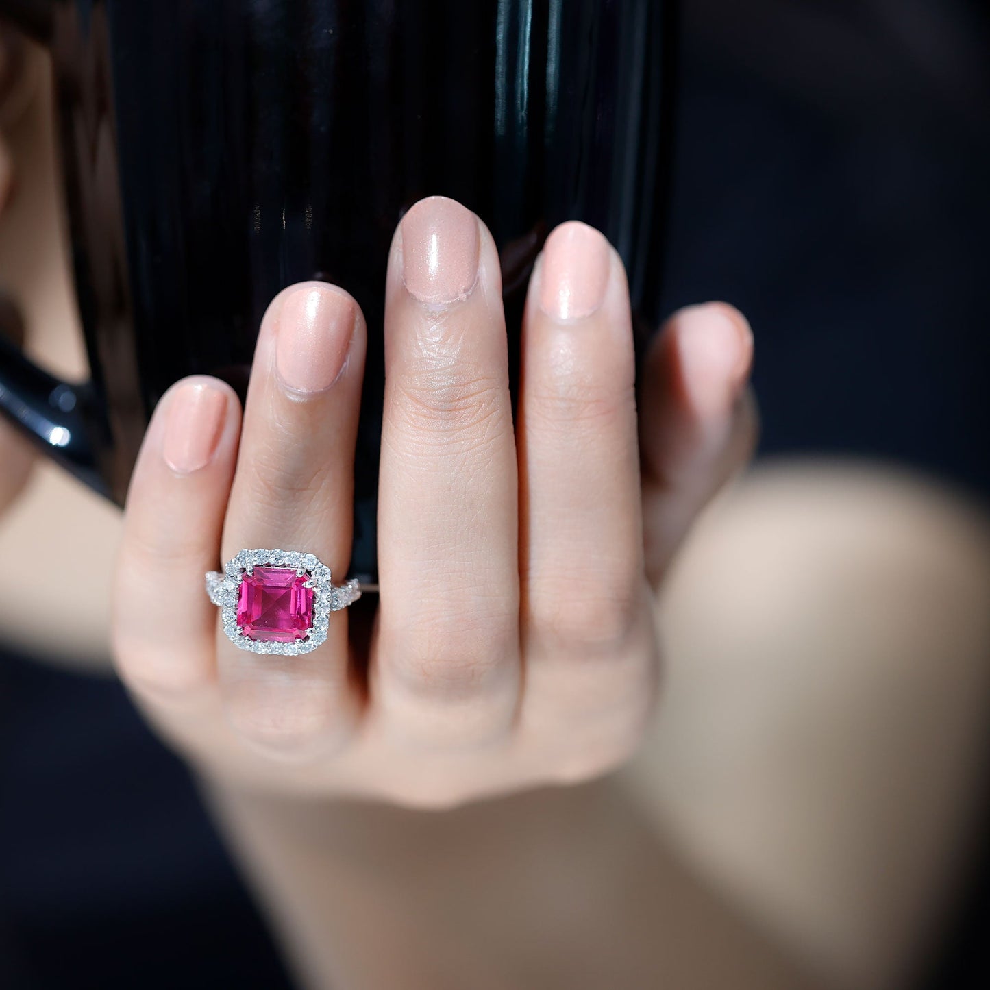 Certified 6.75 Carat Lab Grown Pink Sapphire Asscher Cut Engagement Ring with Halo