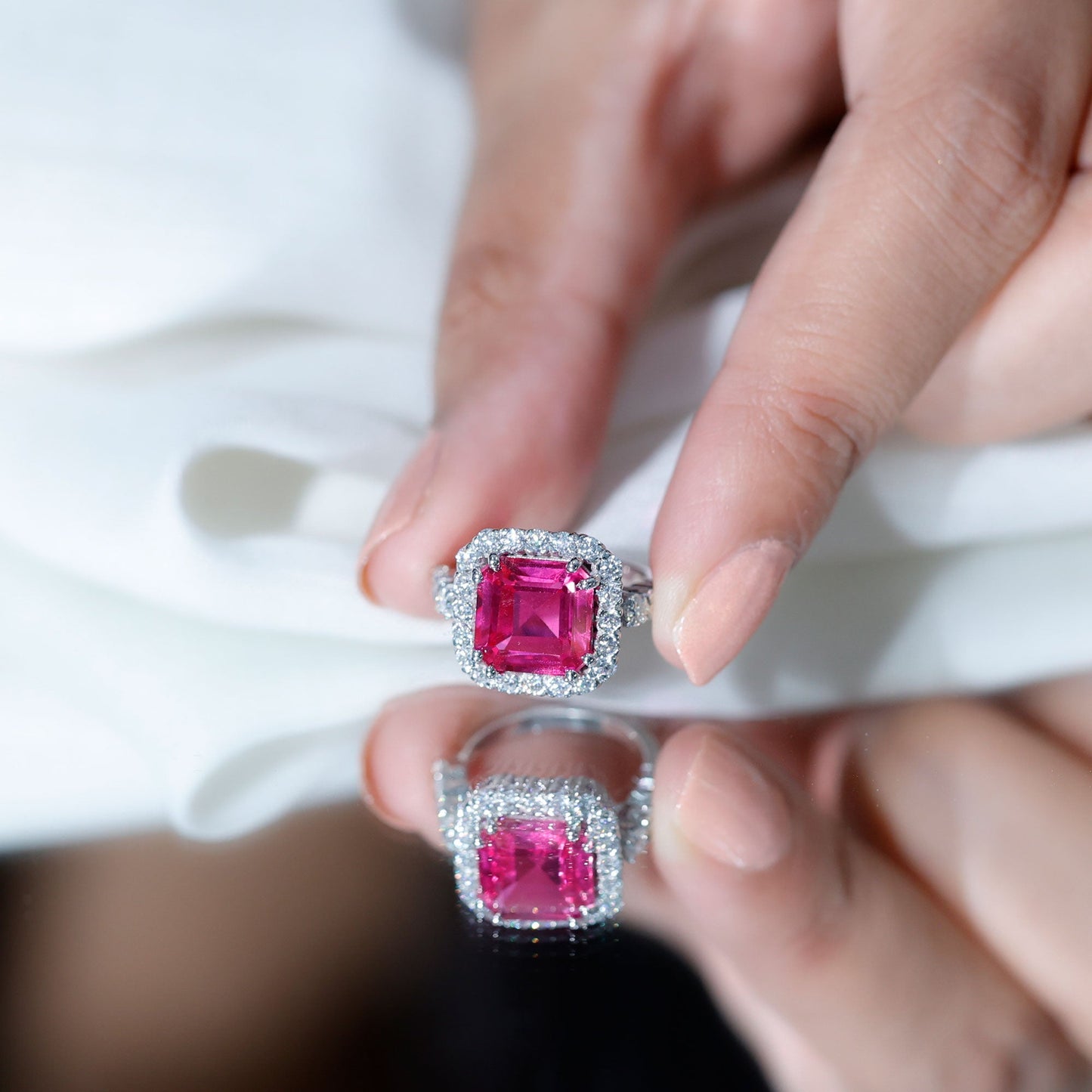 Certified 6.75 Carat Lab Grown Pink Sapphire Asscher Cut Engagement Ring with Halo