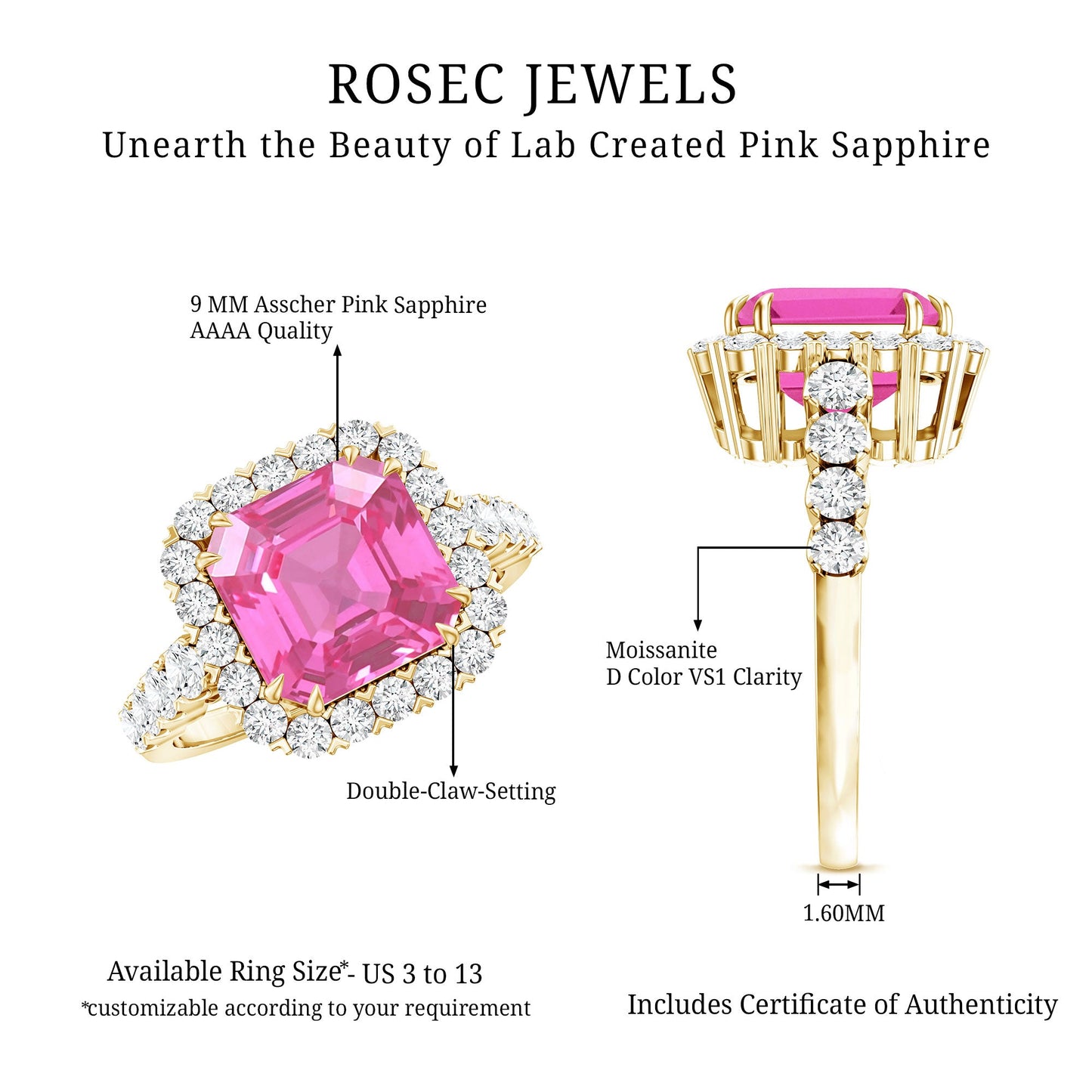 6.75 Carat Lab Grown Pink Sapphire Asscher Cut Engagement Ring with Moissanite Halo