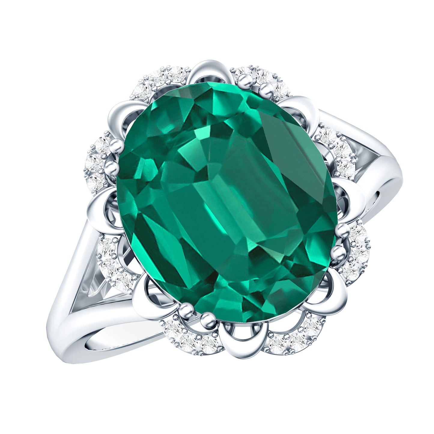 Vintage Looking 5 Carat Lab Created Emerald Engagement Ring with Diamond