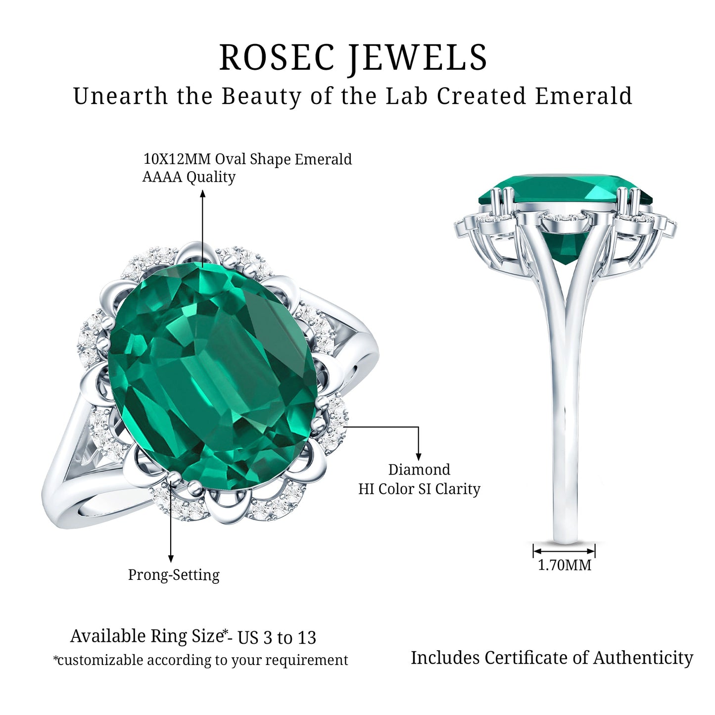 Vintage Looking 5 Carat Lab Created Emerald Engagement Ring with Diamond