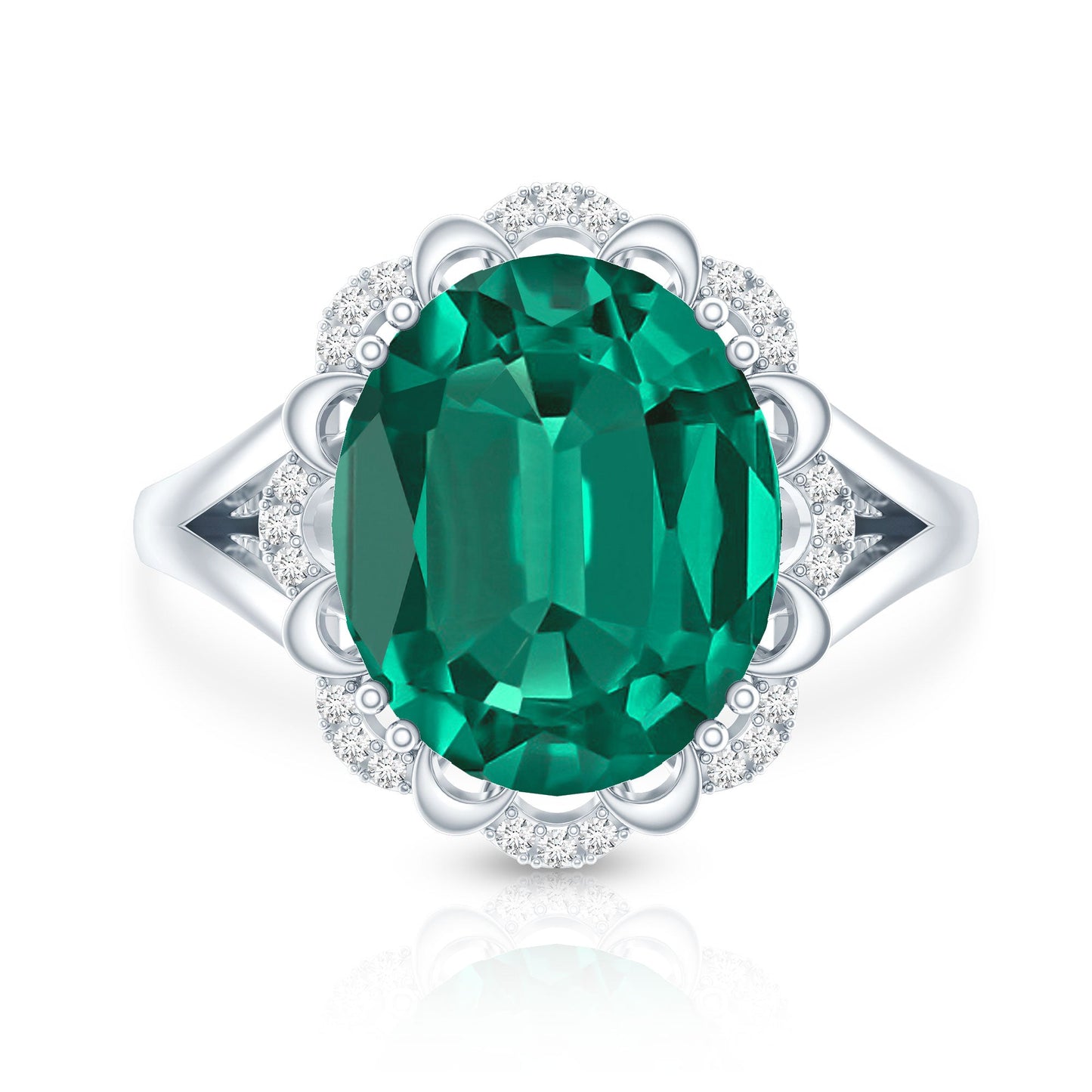 Vintage Looking 5 Carat Lab Created Emerald Engagement Ring with Diamond