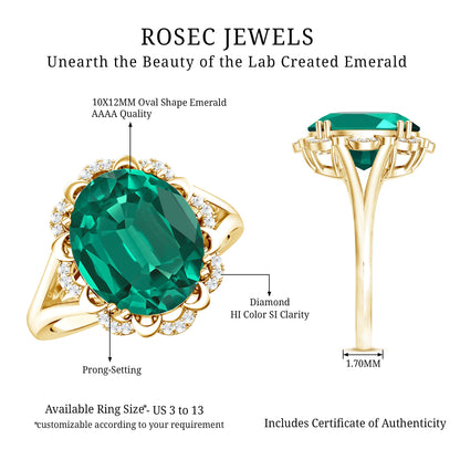 Vintage Looking 5 Carat Lab Created Emerald Engagement Ring with Diamond