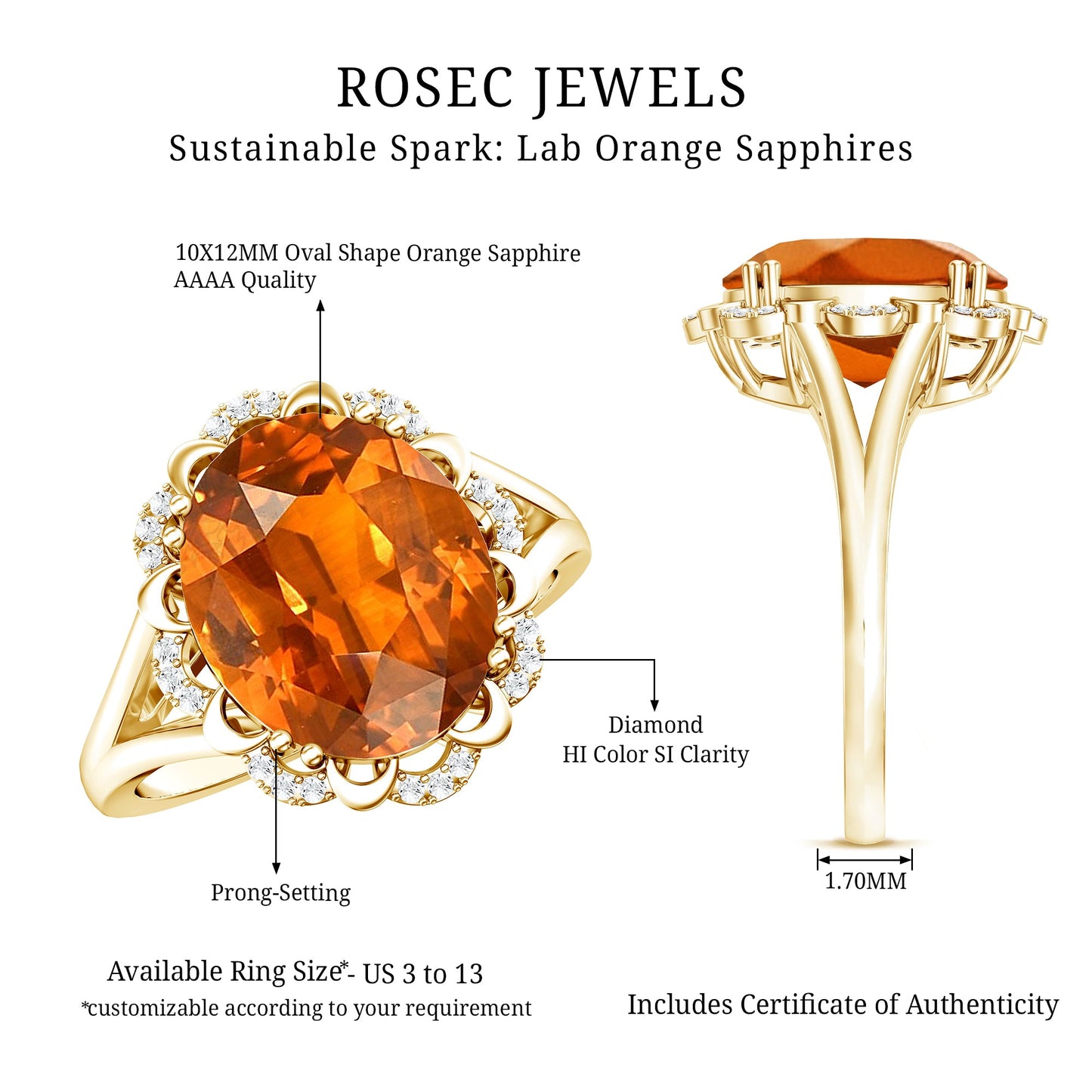 Certified 6 Carat Lab Grown Orange Sapphire Oval Engagement Ring with Diamond