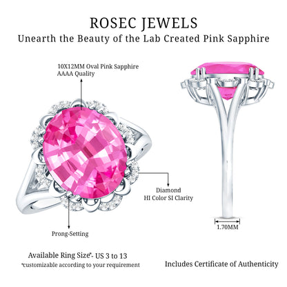 Oval Lab Created Pink Sapphire Huge Engagement Ring with Diamond