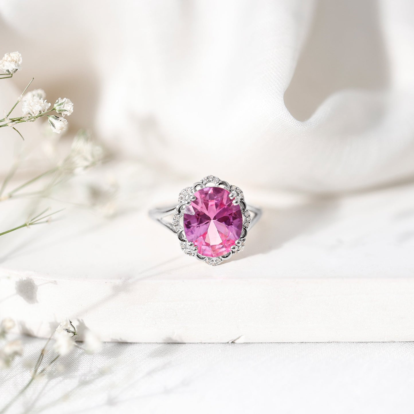 Oval Lab Created Pink Sapphire Huge Engagement Ring with Diamond