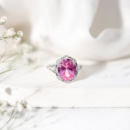 Oval Lab Created Pink Sapphire Huge Engagement Ring with Diamond