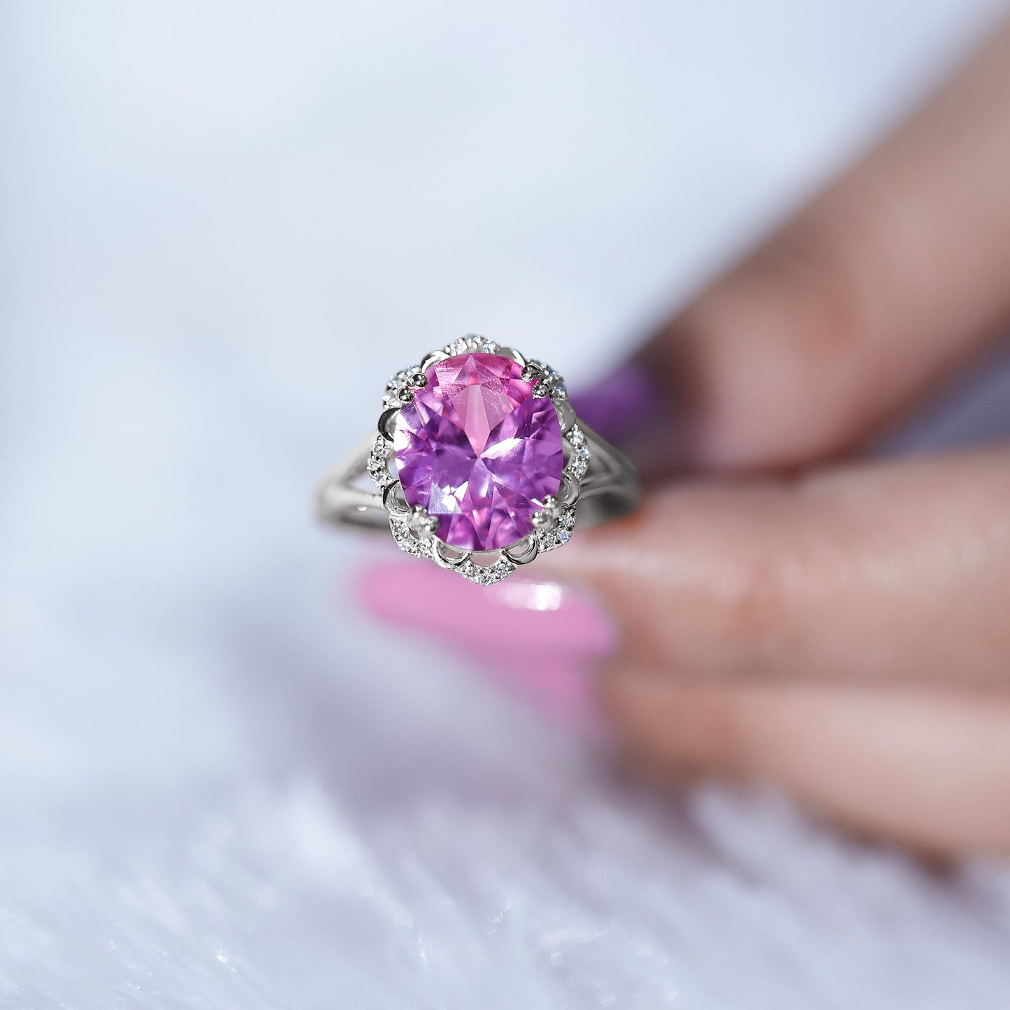 Oval Lab Created Pink Sapphire Huge Engagement Ring with Diamond