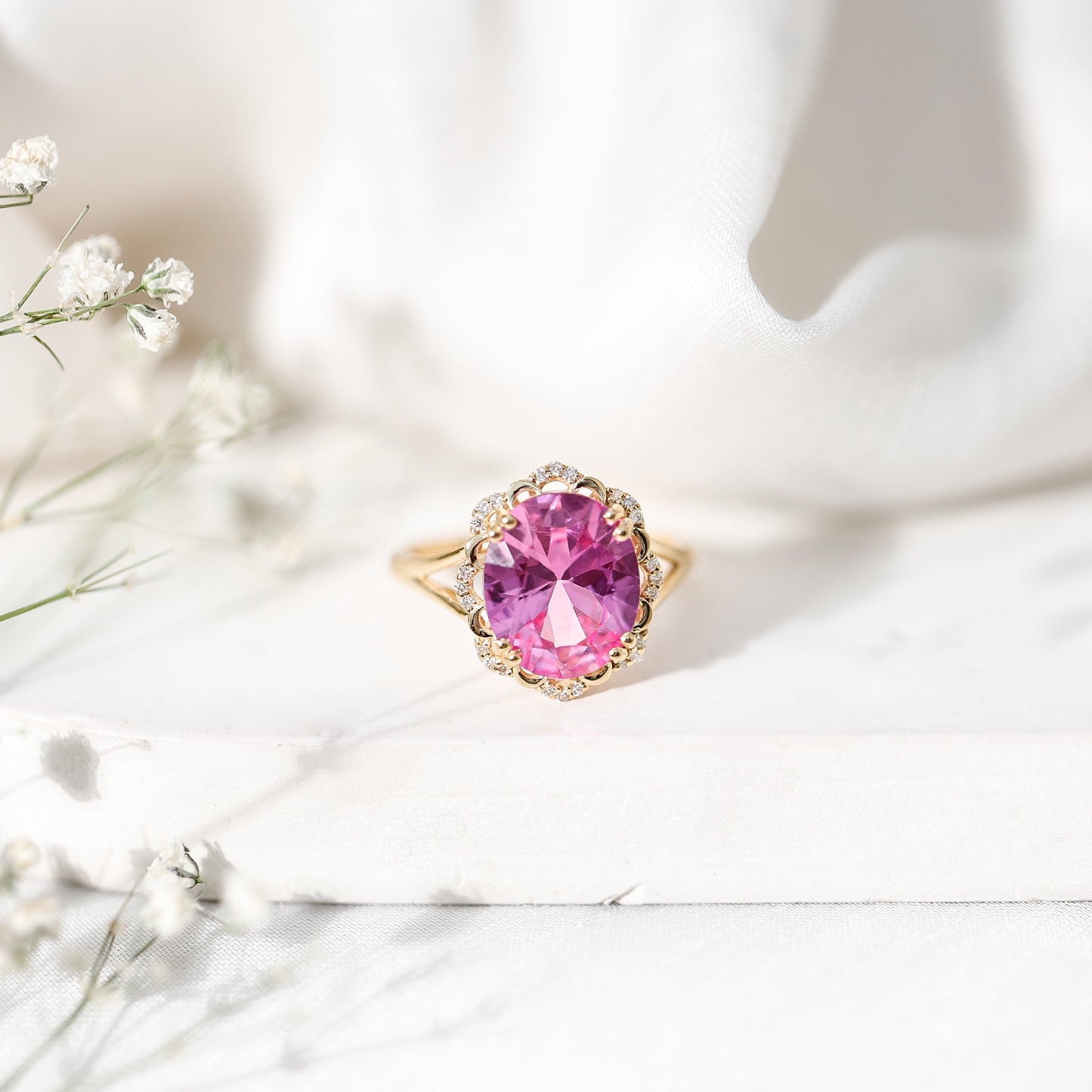 Oval Lab Created Pink Sapphire Huge Engagement Ring with Diamond