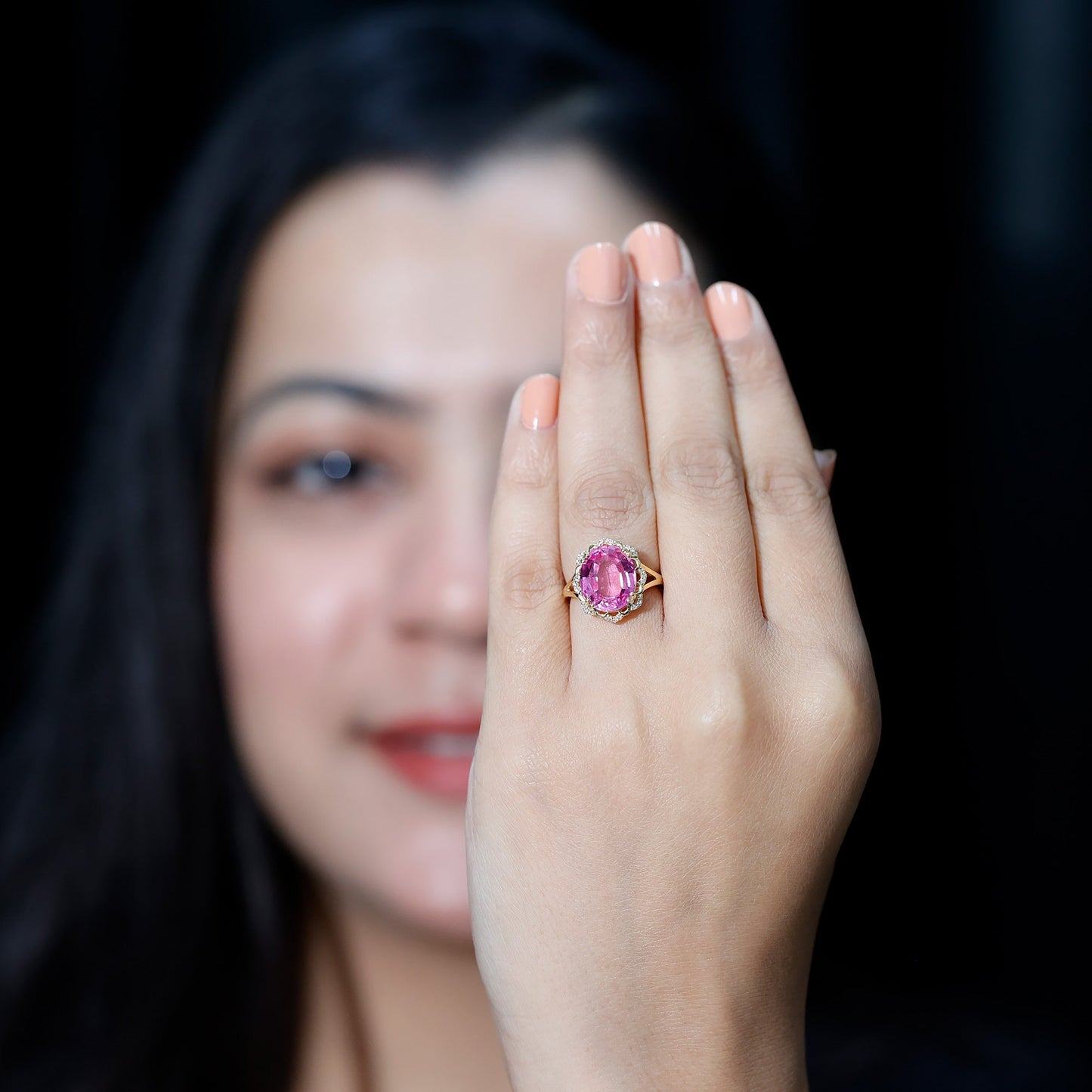 Oval Lab Created Pink Sapphire Huge Engagement Ring with Diamond