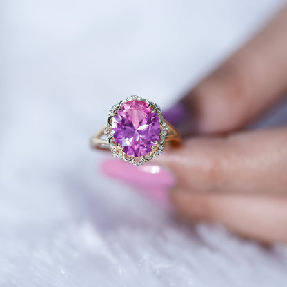 Oval Lab Created Pink Sapphire Huge Engagement Ring with Diamond