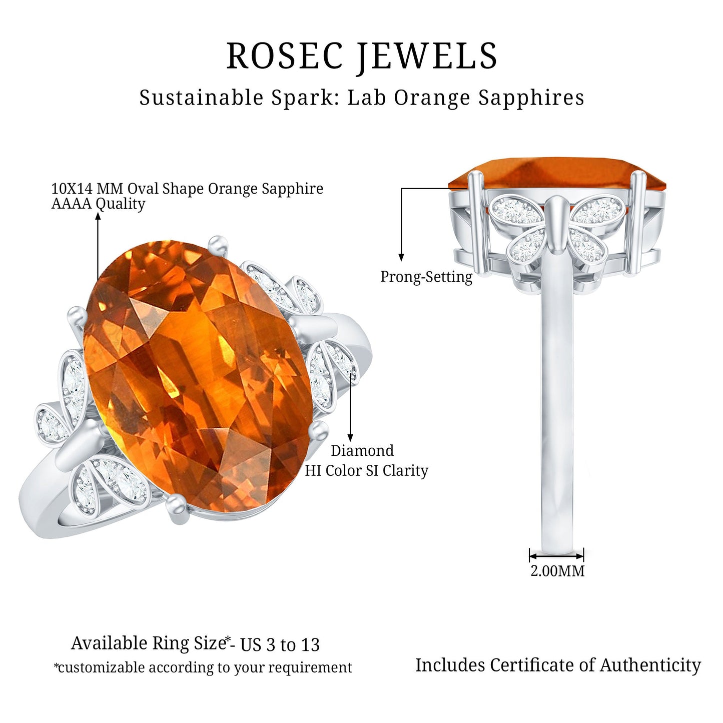 6 Carat Lab Grown Orange Sapphire Oval Engagement Ring with Diamond Butterfly