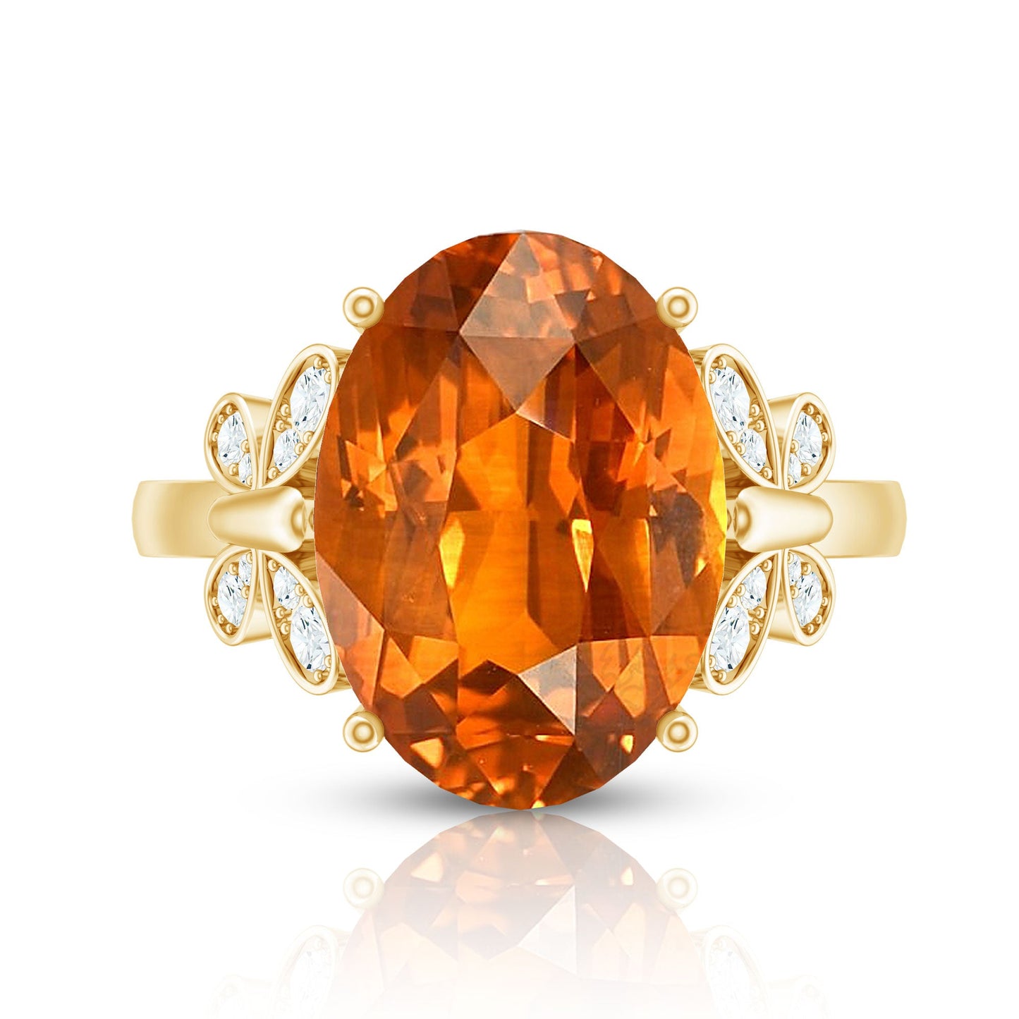 6 Carat Lab Grown Orange Sapphire Oval Engagement Ring with Diamond Butterfly
