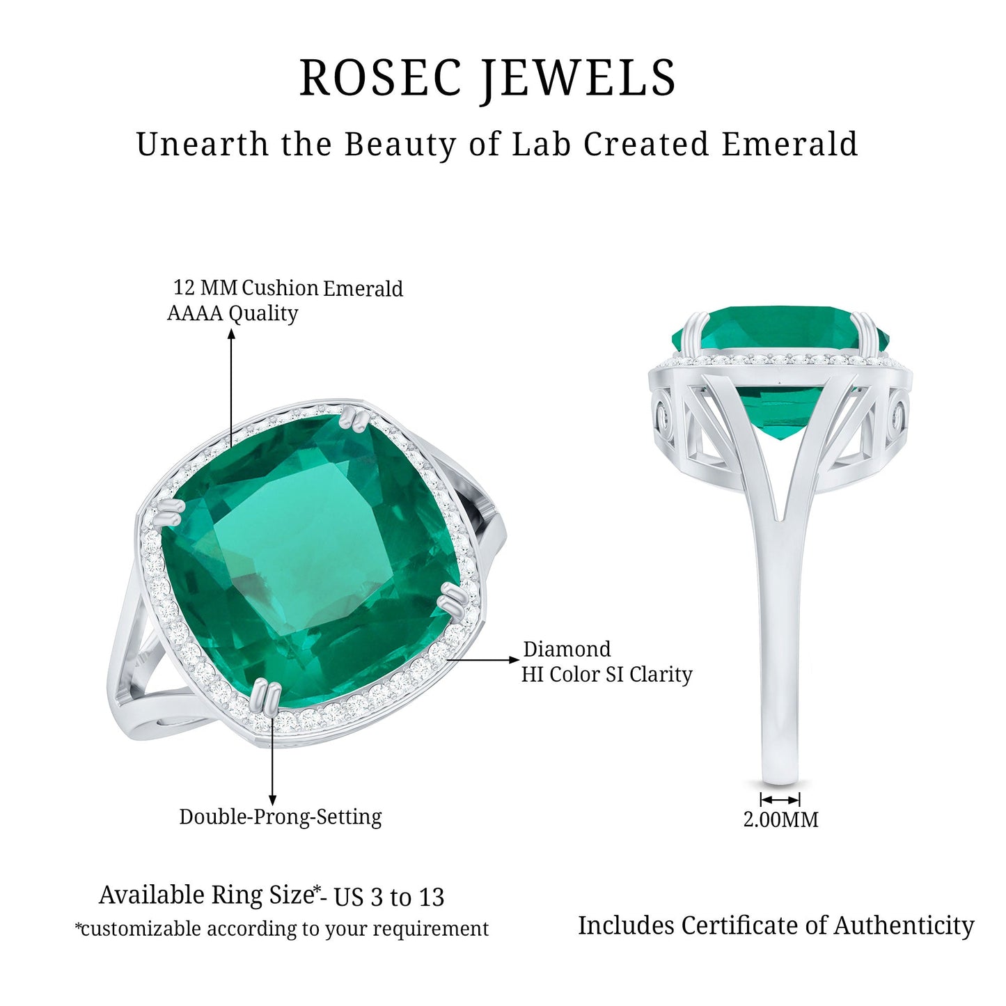 Certified 9 Carat Lab Grown Emerald Cushion Cut Engagement with Diamond Halo