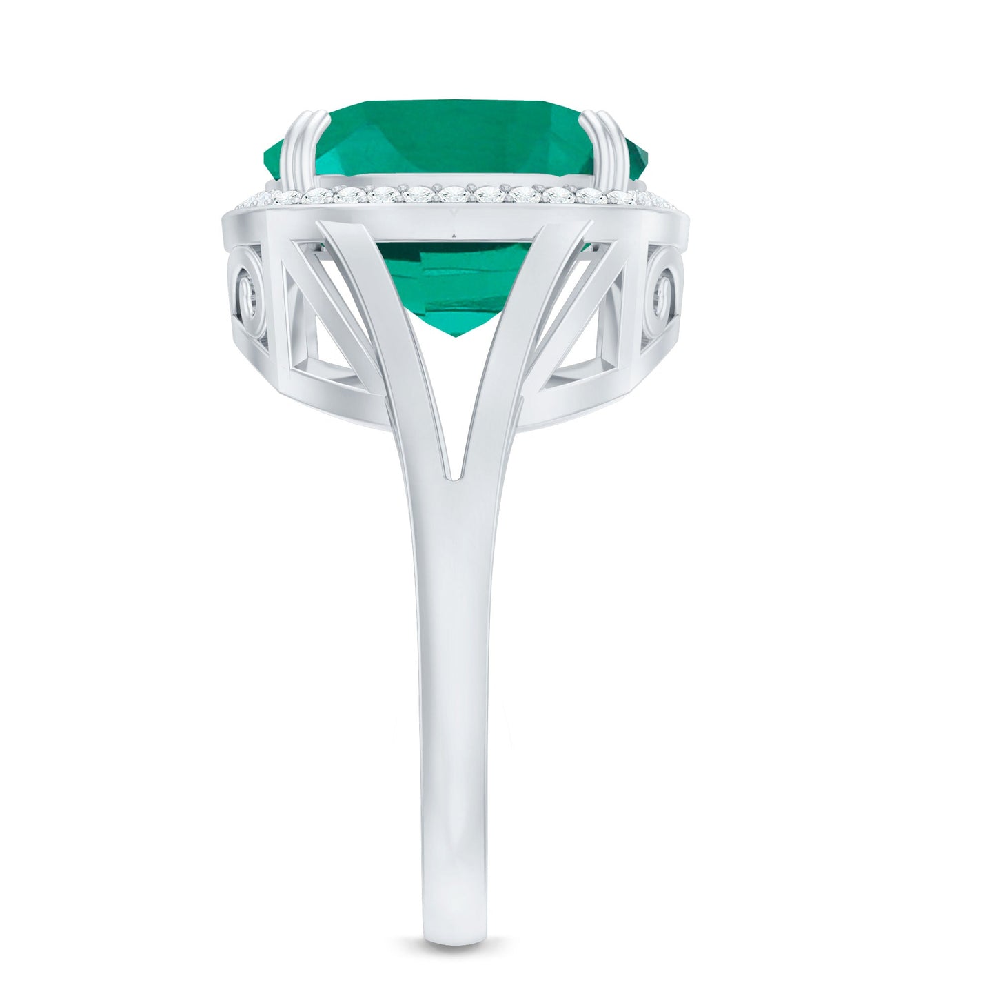 Certified 9 Carat Lab Grown Emerald Cushion Cut Engagement with Diamond Halo