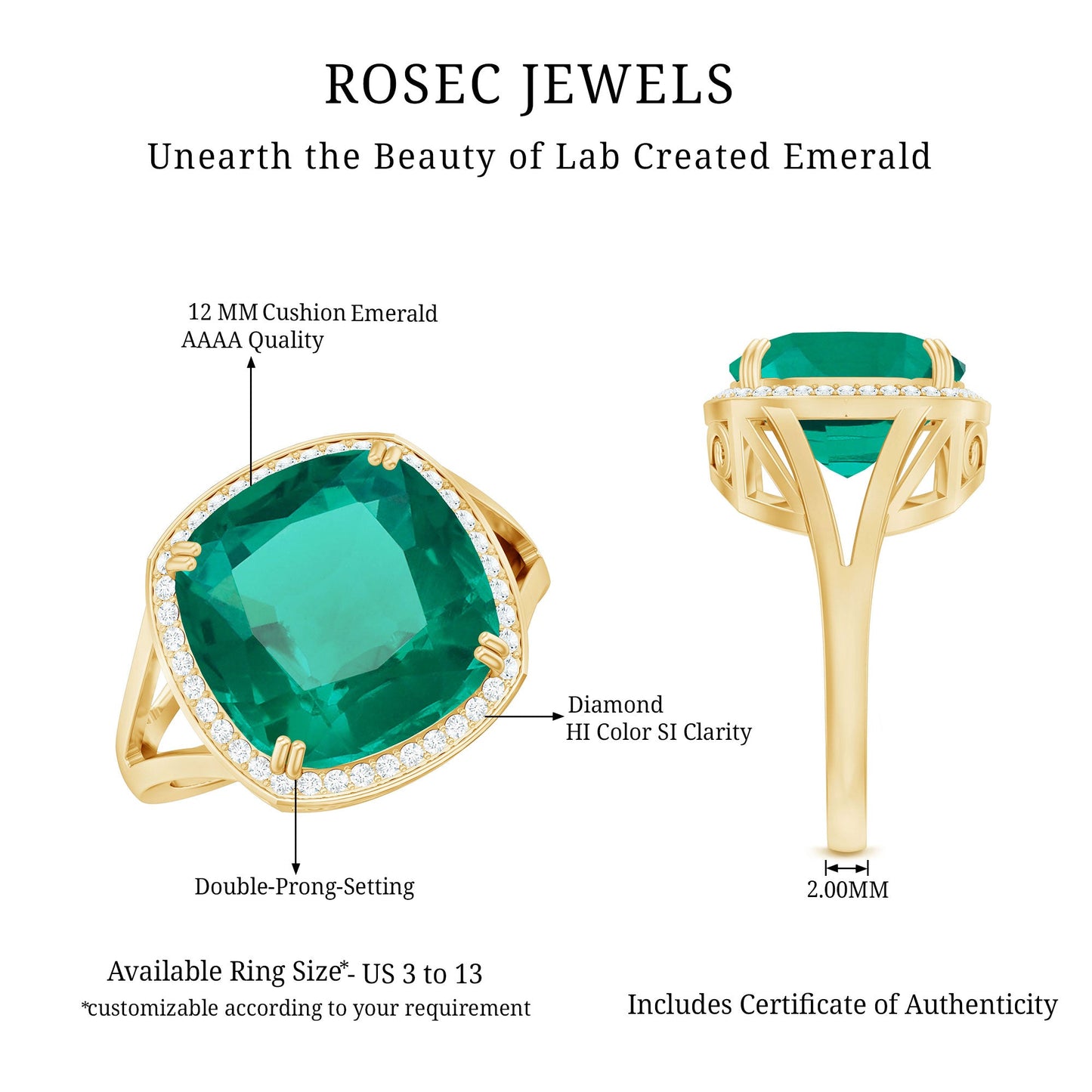 Certified 9 Carat Lab Grown Emerald Cushion Cut Engagement with Diamond Halo