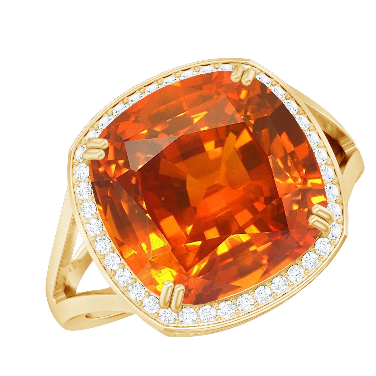 9 Carat Lab Grown Orange Sapphire Cushion Cut Engagement Ring with Diamond Halo