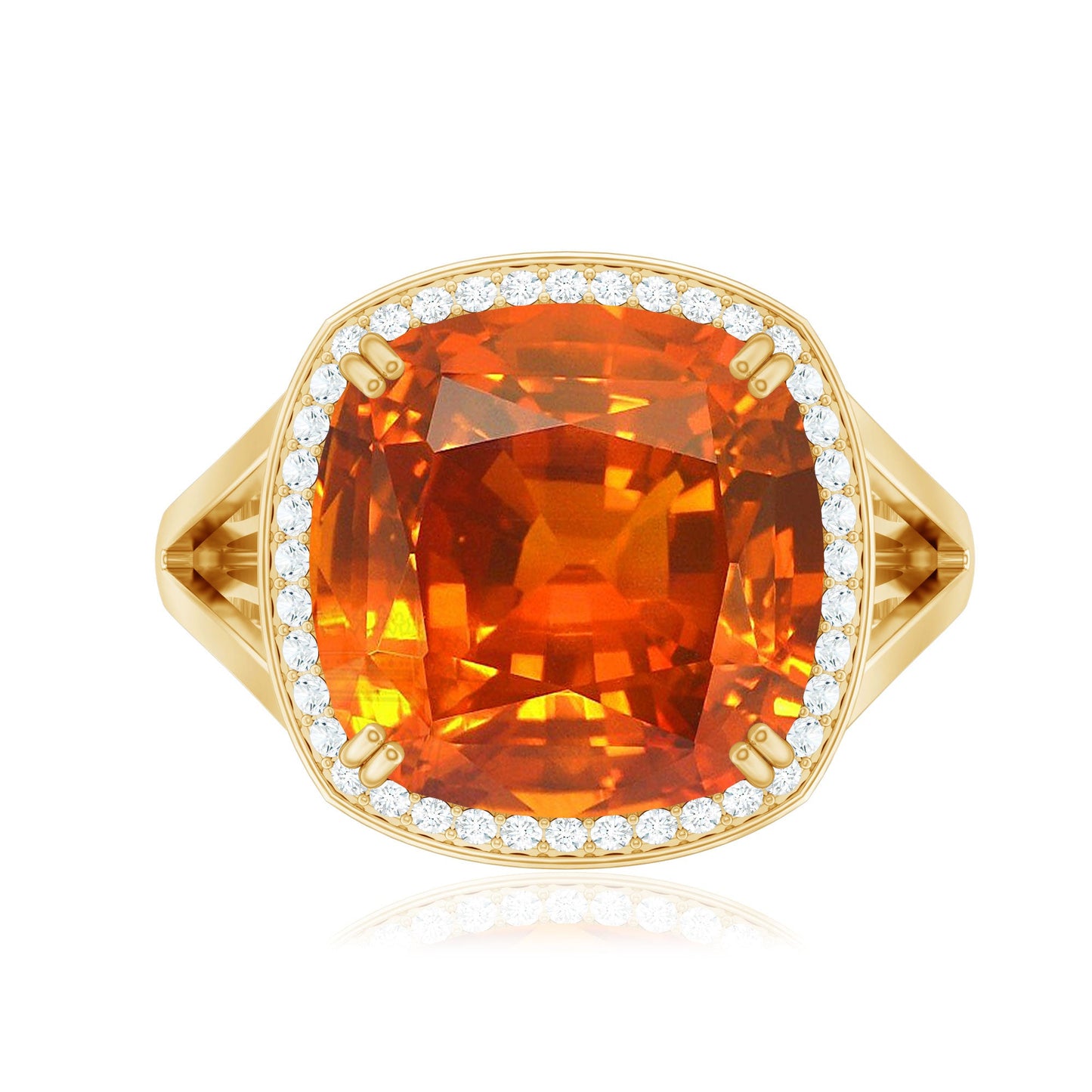 9 Carat Lab Grown Orange Sapphire Cushion Cut Engagement Ring with Diamond Halo