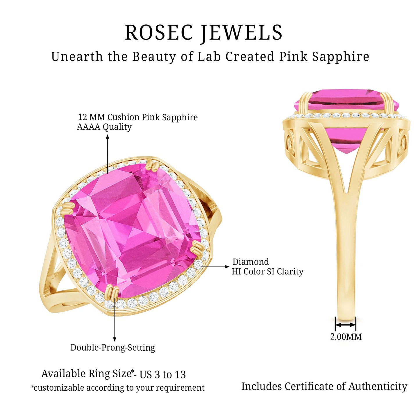 6 Carat Cushion Cut Lab Created Pink Sapphire Huge Engagement Ring