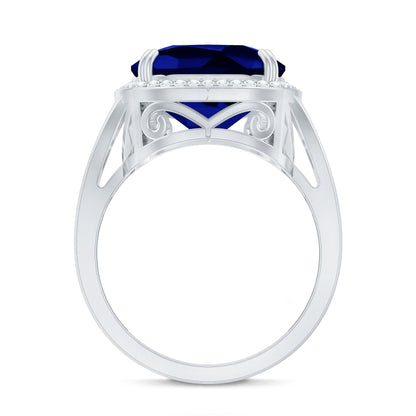 Cushion Cut Lab Grown Blue Sapphire Engagement Ring with Diamond