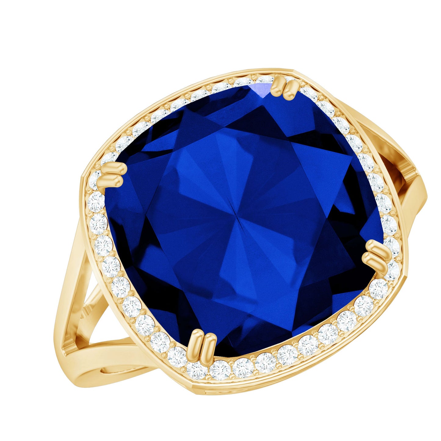 Cushion Cut Lab Grown Blue Sapphire Engagement Ring with Diamond