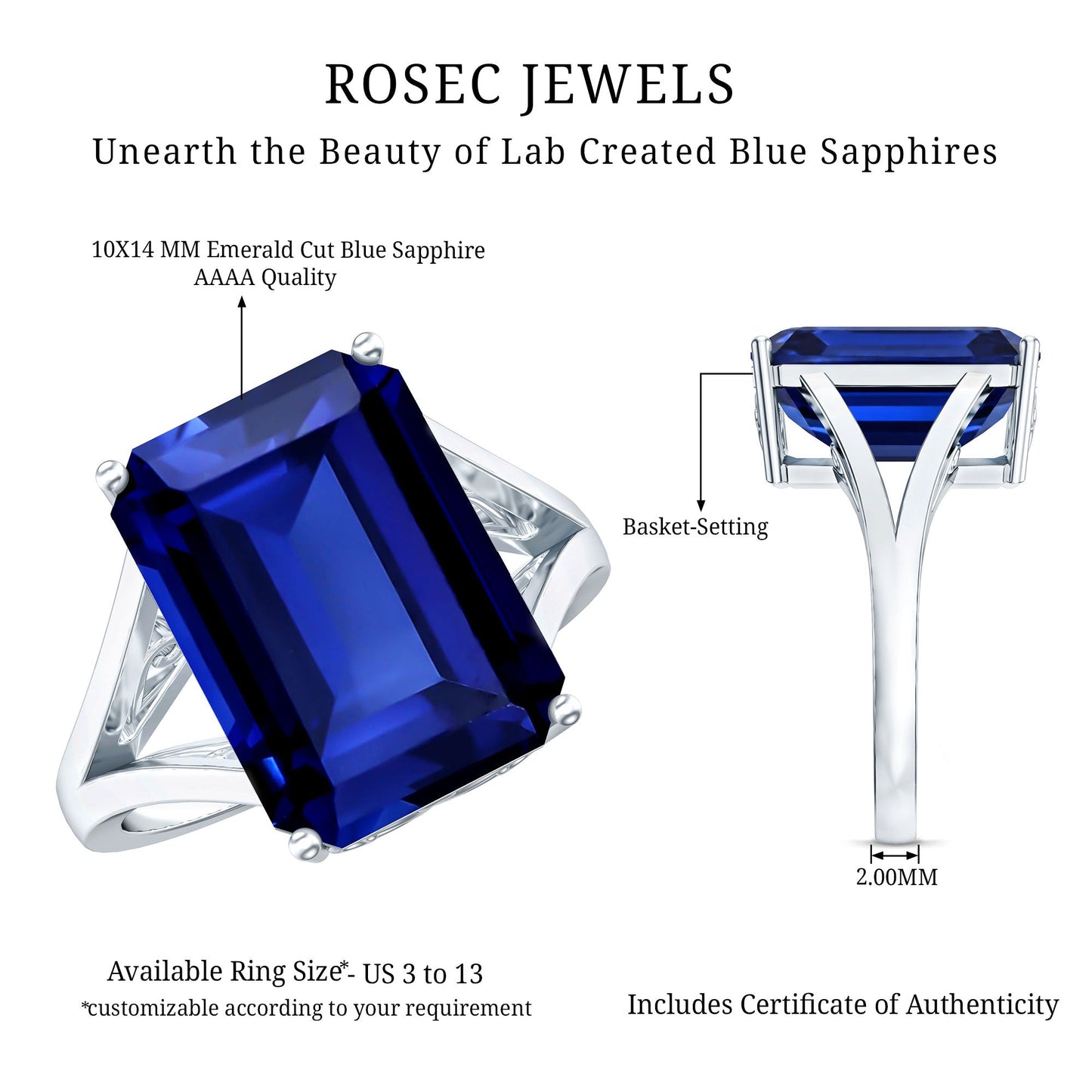 9 Carat Lab Grown Blue Sapphire Emerald Cut Engagement Ring