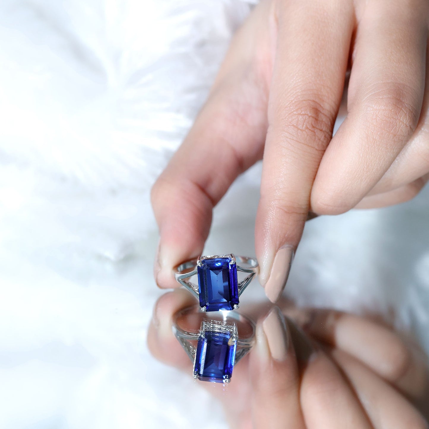 9 Carat Lab Grown Blue Sapphire Emerald Cut Engagement Ring