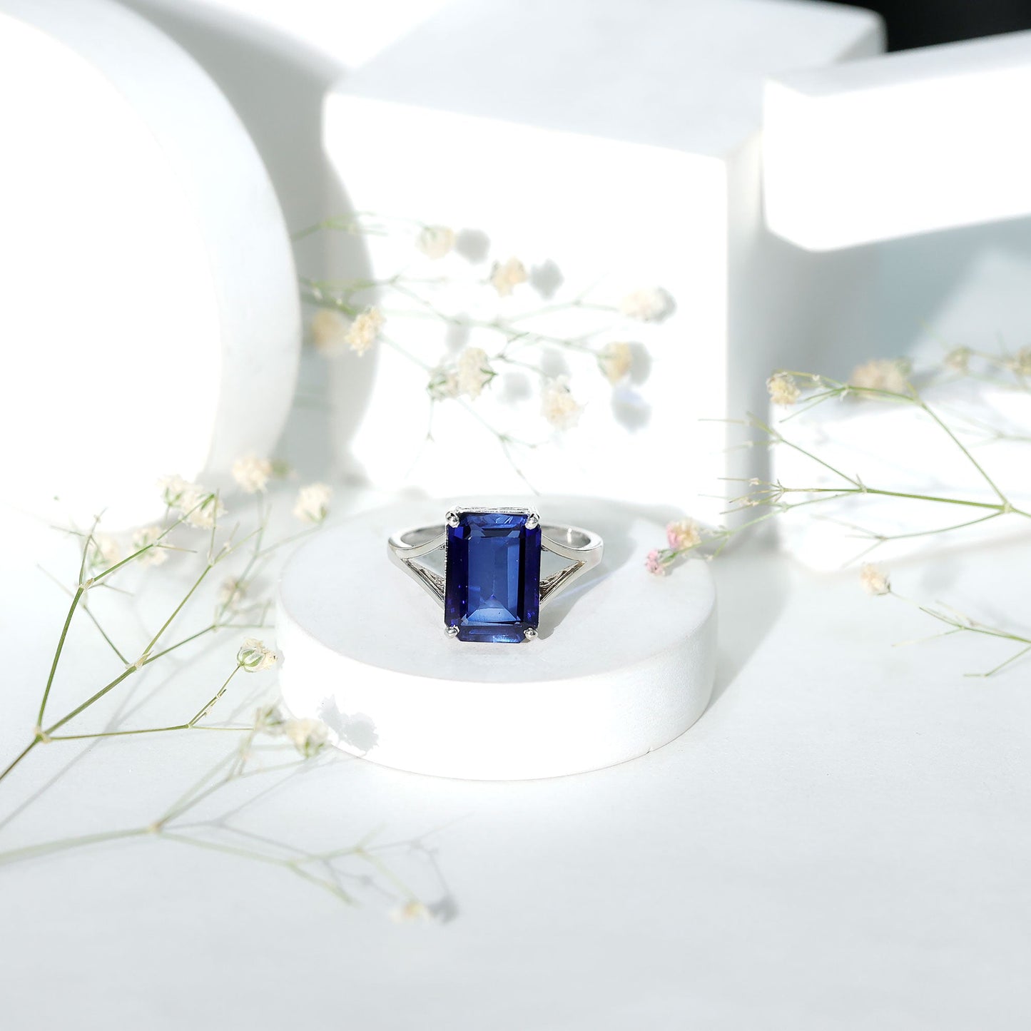 9 Carat Lab Grown Blue Sapphire Emerald Cut Engagement Ring