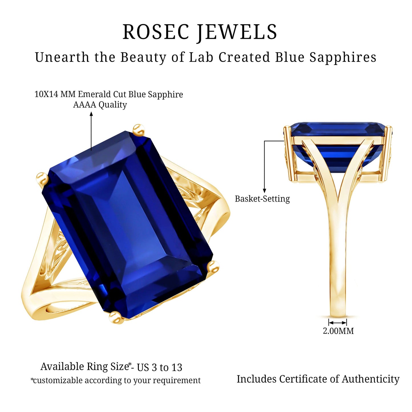 Emerald Cut 9 Carat Lab Created Blue Sapphire Engagement Ring for Women
