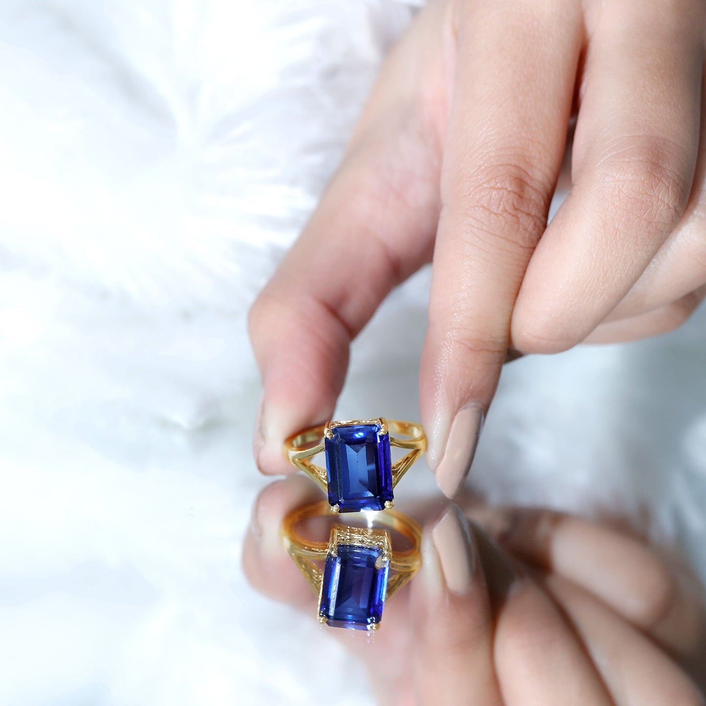 9 Carat Lab Grown Blue Sapphire Emerald Cut Engagement Ring