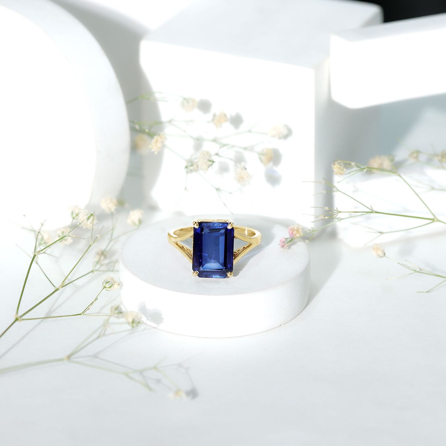 Emerald Cut 9 Carat Lab Created Blue Sapphire Engagement Ring for Women