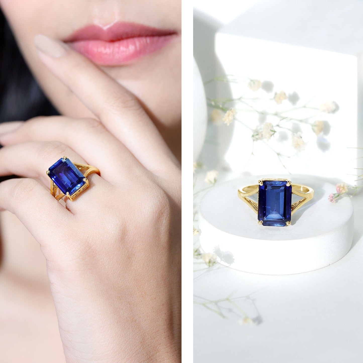 Emerald Cut 9 Carat Lab Created Blue Sapphire Engagement Ring for Women
