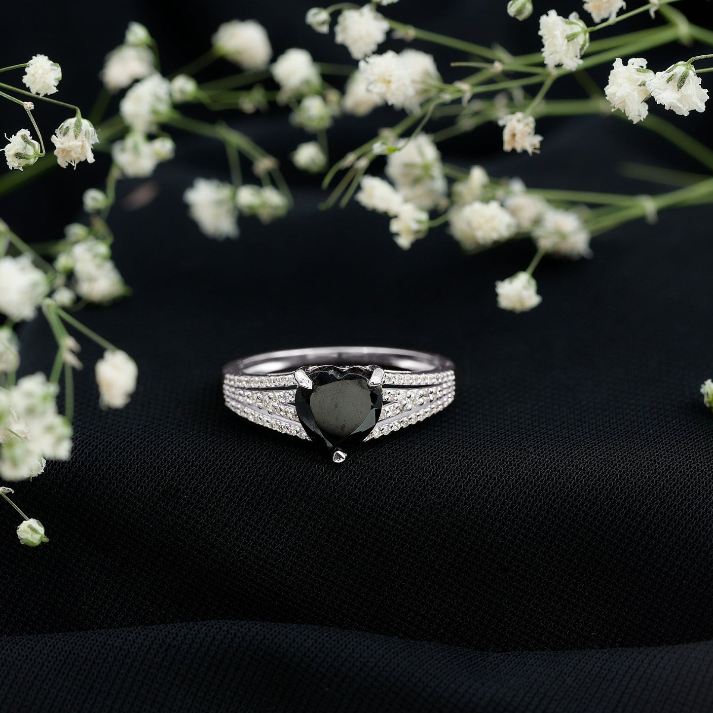Certified 2.4 Carat Lab Grown Black Diamond Heart Engagement Ring with White Diamond Split Shank