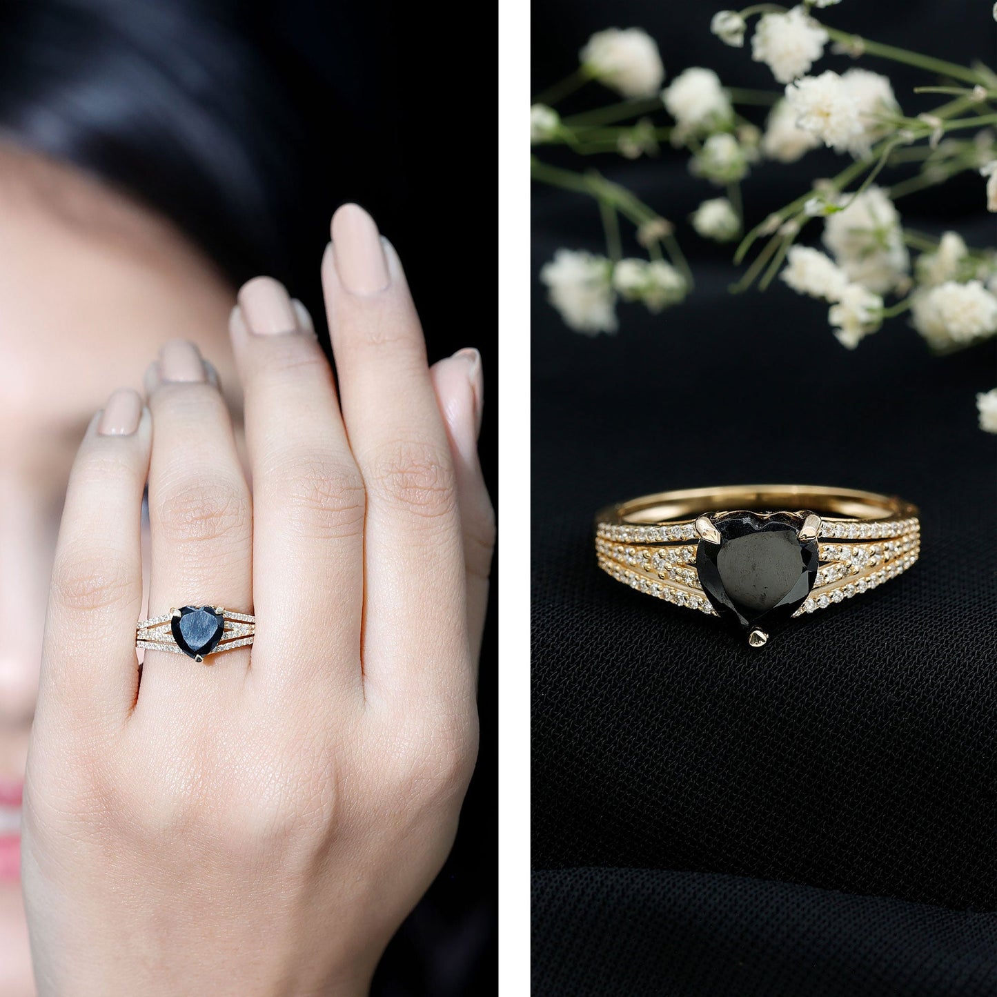 Certified 2.4 Carat Lab Grown Black Diamond Heart Engagement Ring with White Diamond Split Shank