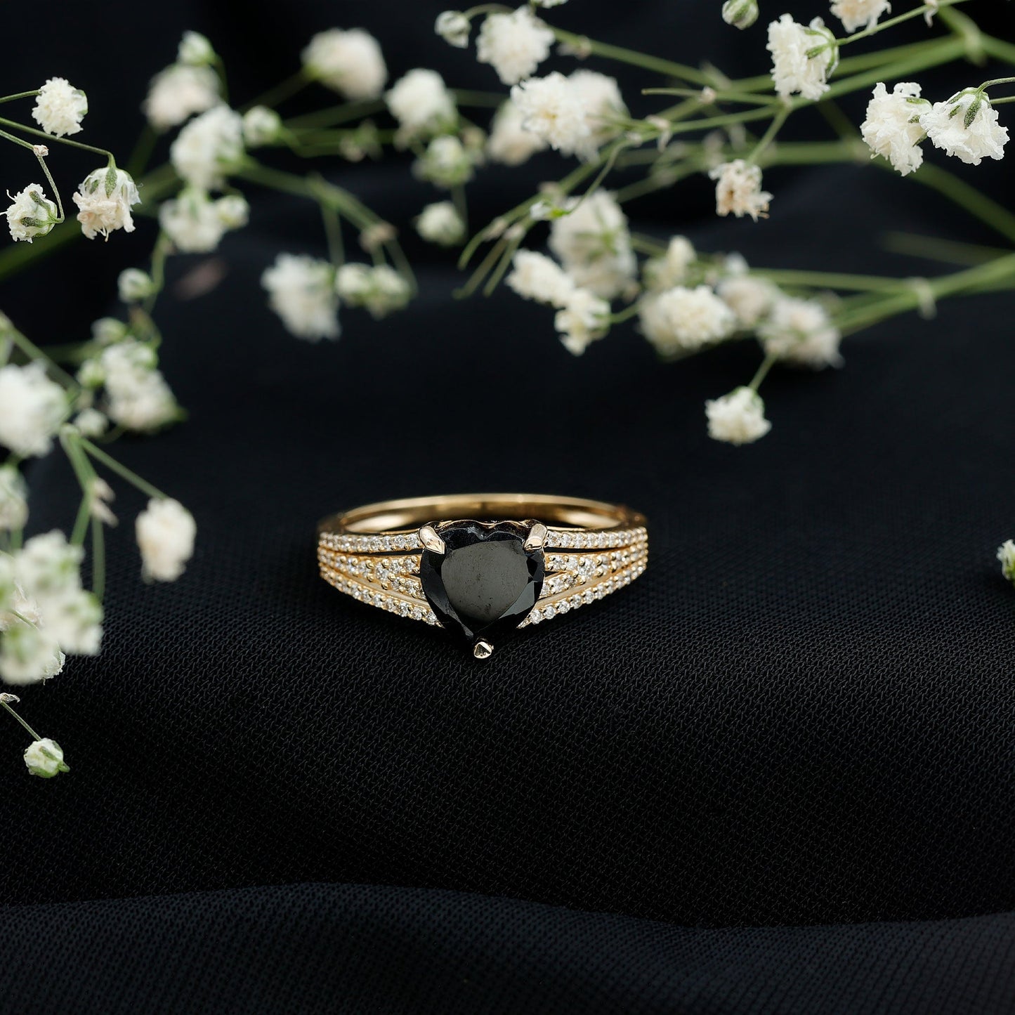 Certified 2.4 Carat Lab Grown Black Diamond Heart Engagement Ring with White Diamond Split Shank